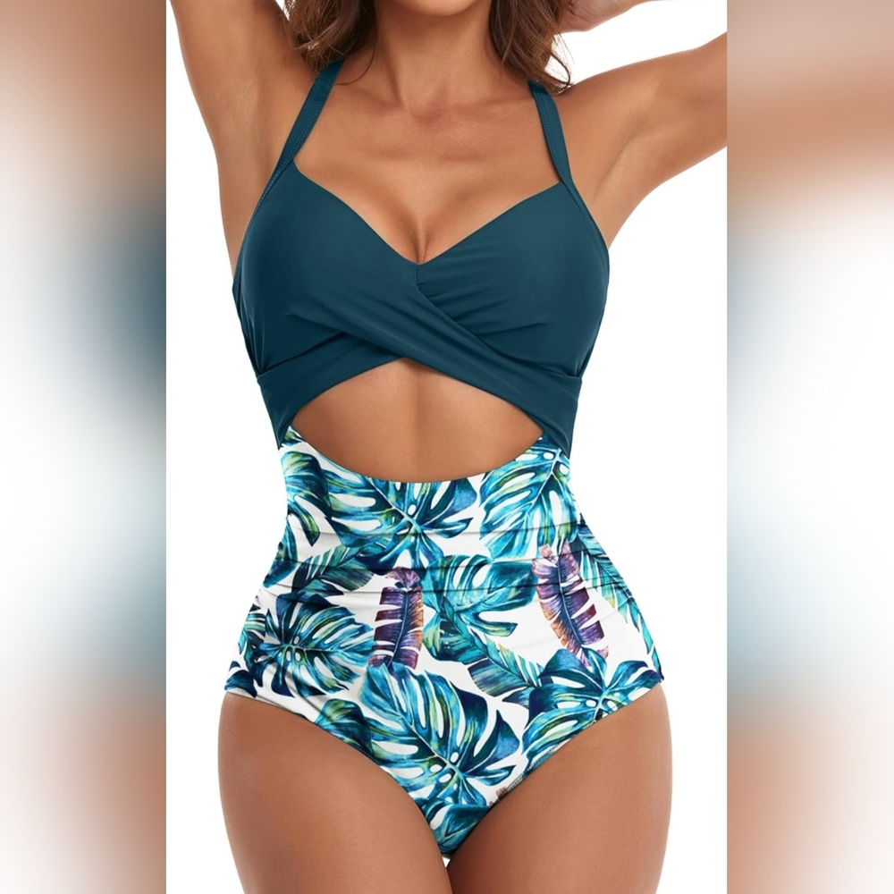 NWT. Eomenie Forest Green And Tropical Leaf Print One Piece High Waist Swimsuit